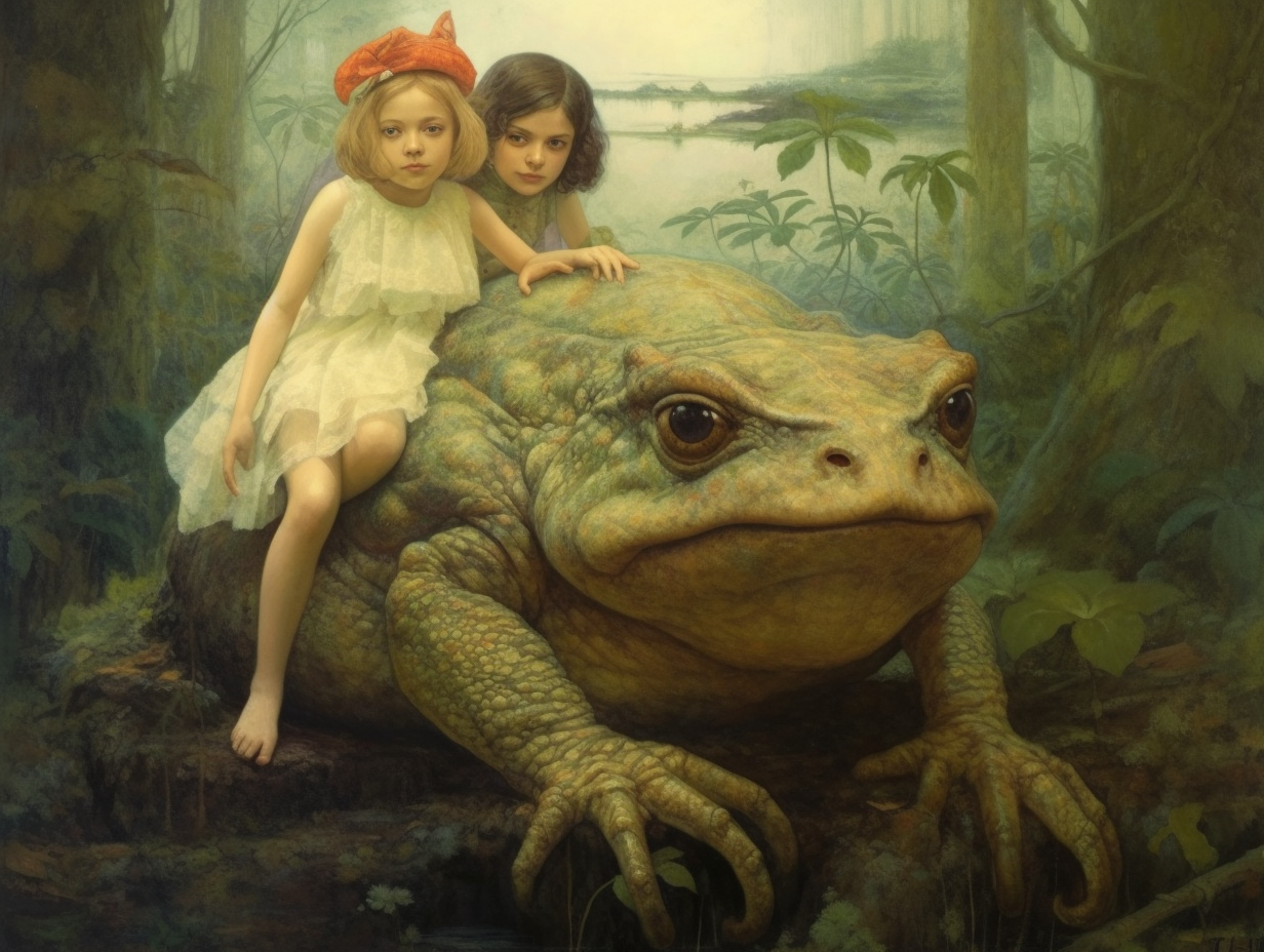 morphism, two sisters have a giant toad as a pet, they ride on its back, they live in the jungle, a complex friendship, the toad is willing to sacrifice itself for the young girl because he has known her since she was young, they are orphans --ar 4:3