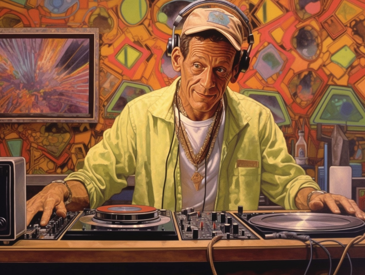 "Ernest Goes to DJ School", Ernest P. Worrell, imaginary films, comedy films, comedy film, in the style of 1980's American comedy films, highly-detailed --ar 4:3