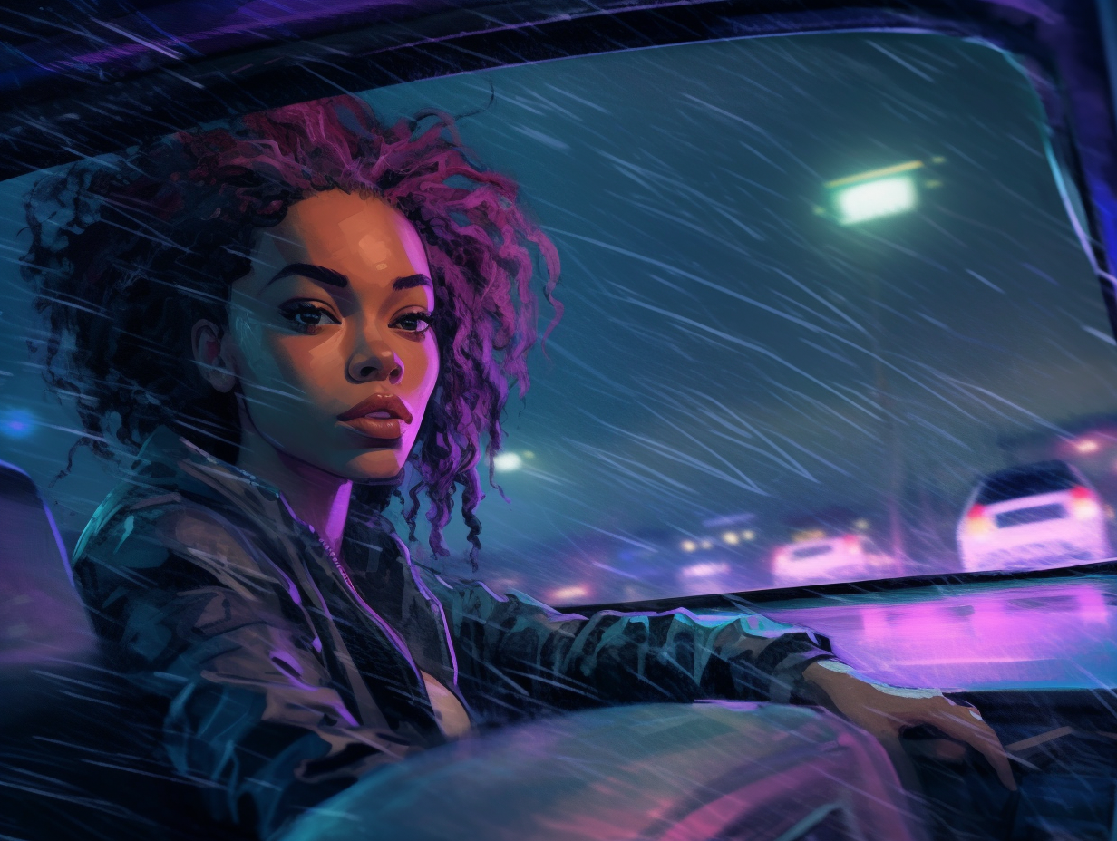 a striking black woman with dreadlocks is driving a 1964 Mustang GT down a dark rainy road in the Pacific Northwest, in the style of neo-expressionism, purples, grays, pinks, neon colors, moody, cloudy, lightning, thunder, fast cars, shiny metal, sharp edges --ar 4:3 