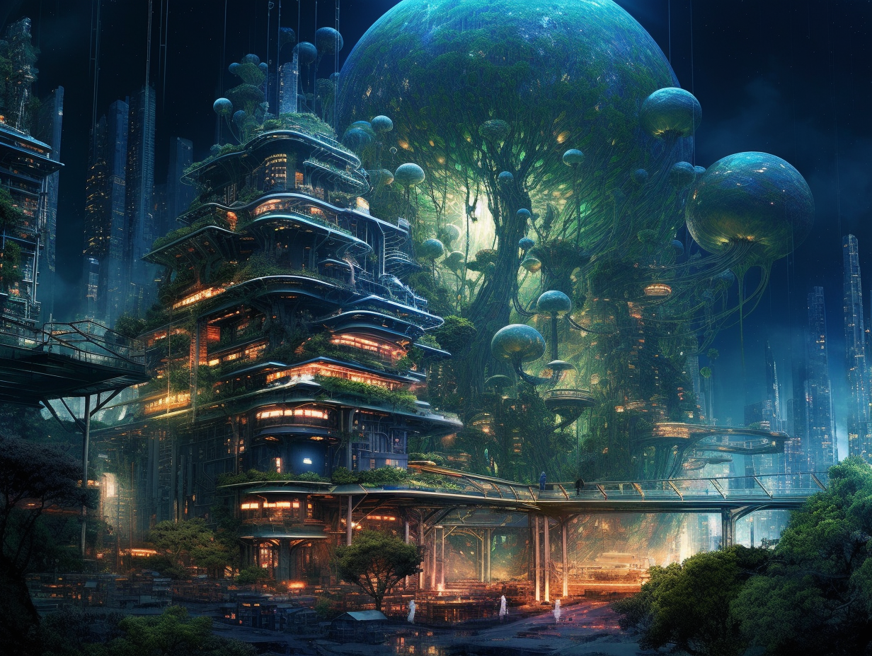 cyborg, nightclub::futurism, environmentalism::trees, Atlantis, layers and stacks, detailed, neon stabilimentum --ar 4:3 --s 750 --q 2