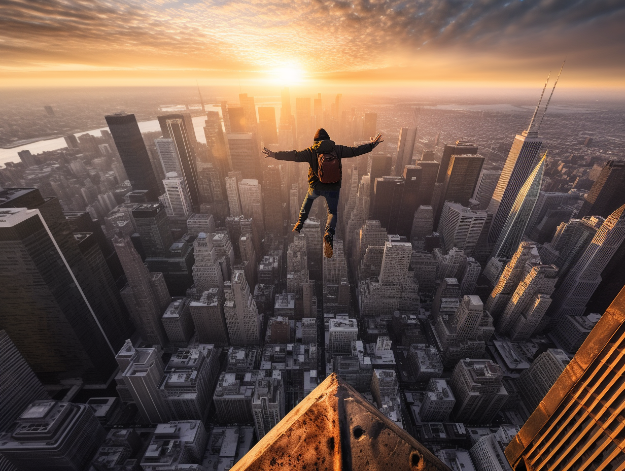 An exhilarating, ultra-realistic wide-angle shot that captures the sensation of free-falling from the apex of the Empire State Building, with the vast expanse of New York City unfolding beneath. This image, taken with a Nikon D850 paired with an AF-S NIKKOR 70-200mm f/2.8E FL ED VR lens, is designed to provoke a sense of acrophobia, offering a dizzying, vertigo-inducing perspective of the cityscape. --ar 4:3 --s 750 --q 2