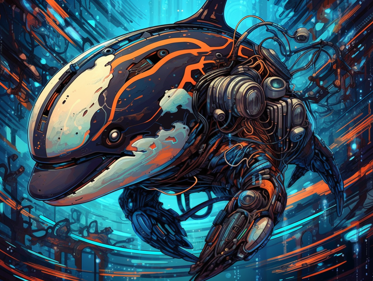 orca, cyborg, cybernetic cetacean, dreary night, grays, dark colors and salmon color bursts, in the style of Tron, cyberpunk, HR Geiger, ultra detailed --ar 4:3 --s 750 --q 2