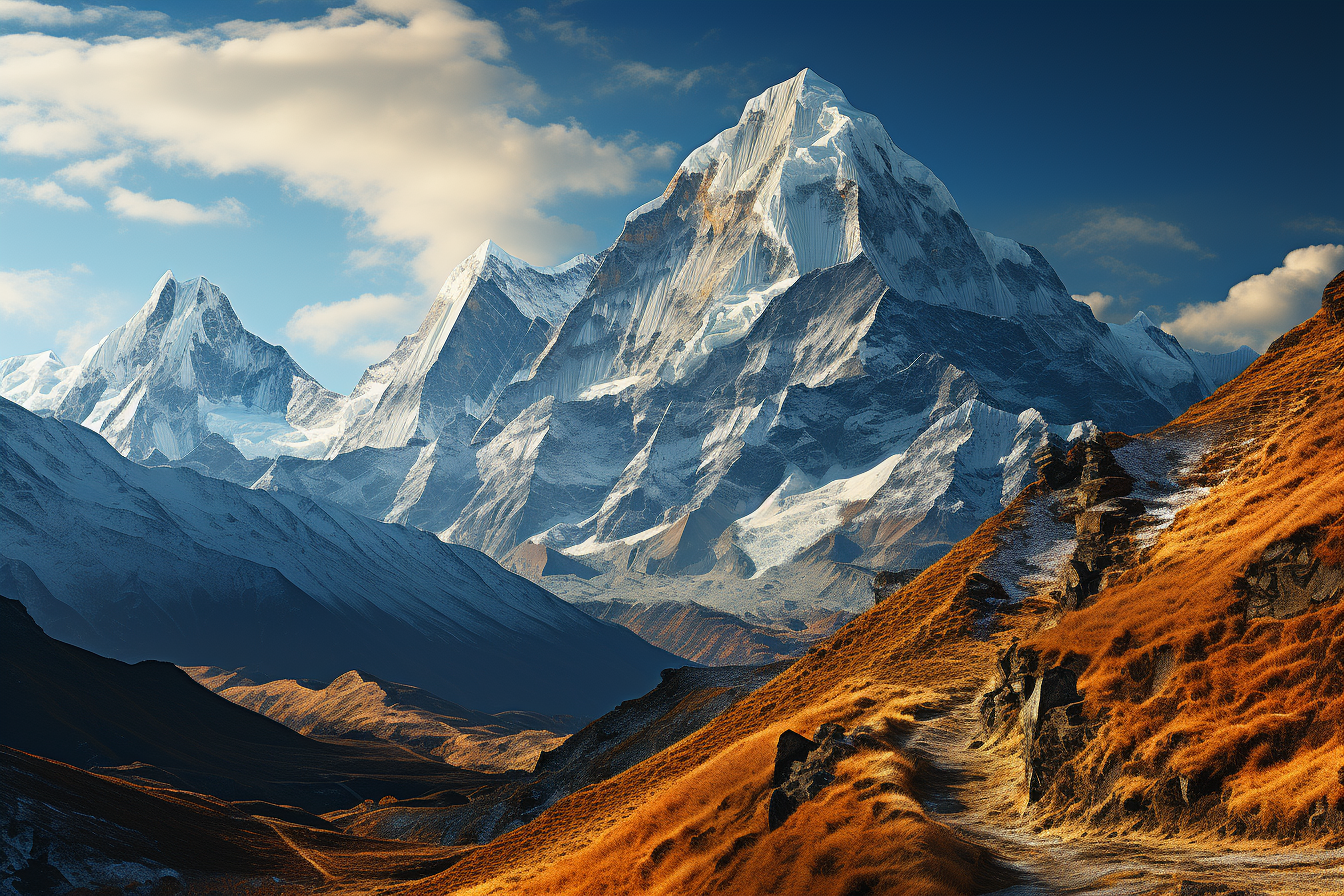 mount everest in nepal, in the style of charming, idyllic rural scenes, sky-blue and amber, national geographic photo, photo taken with nikon d750 --ar 3:2 --s 750 --q 2