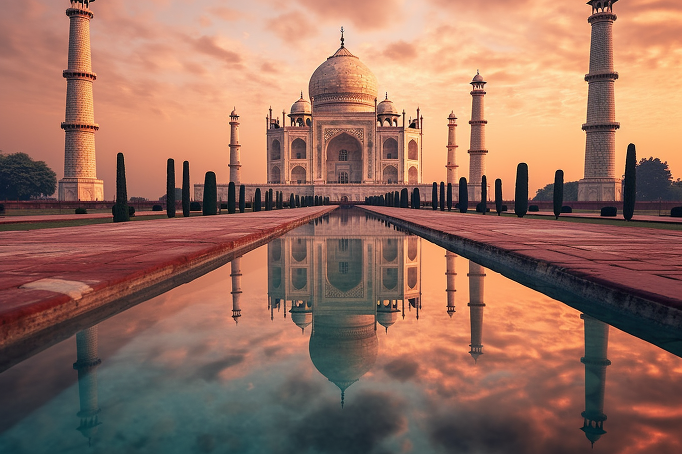 the reflection of the taj mahal in a pool is shown, shot with Sony Alpha a7R IV camera with Sony FE 16-35mm f/2.8 GM lens, in the style of light orange and light emerald, subtle chromatism, marble, 19th century, ornamental structures --ar 284:189 --s 750 --q 2