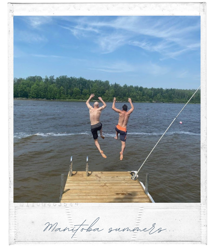 Manitoba summers polaroid picture (two guys jumping into a lake)