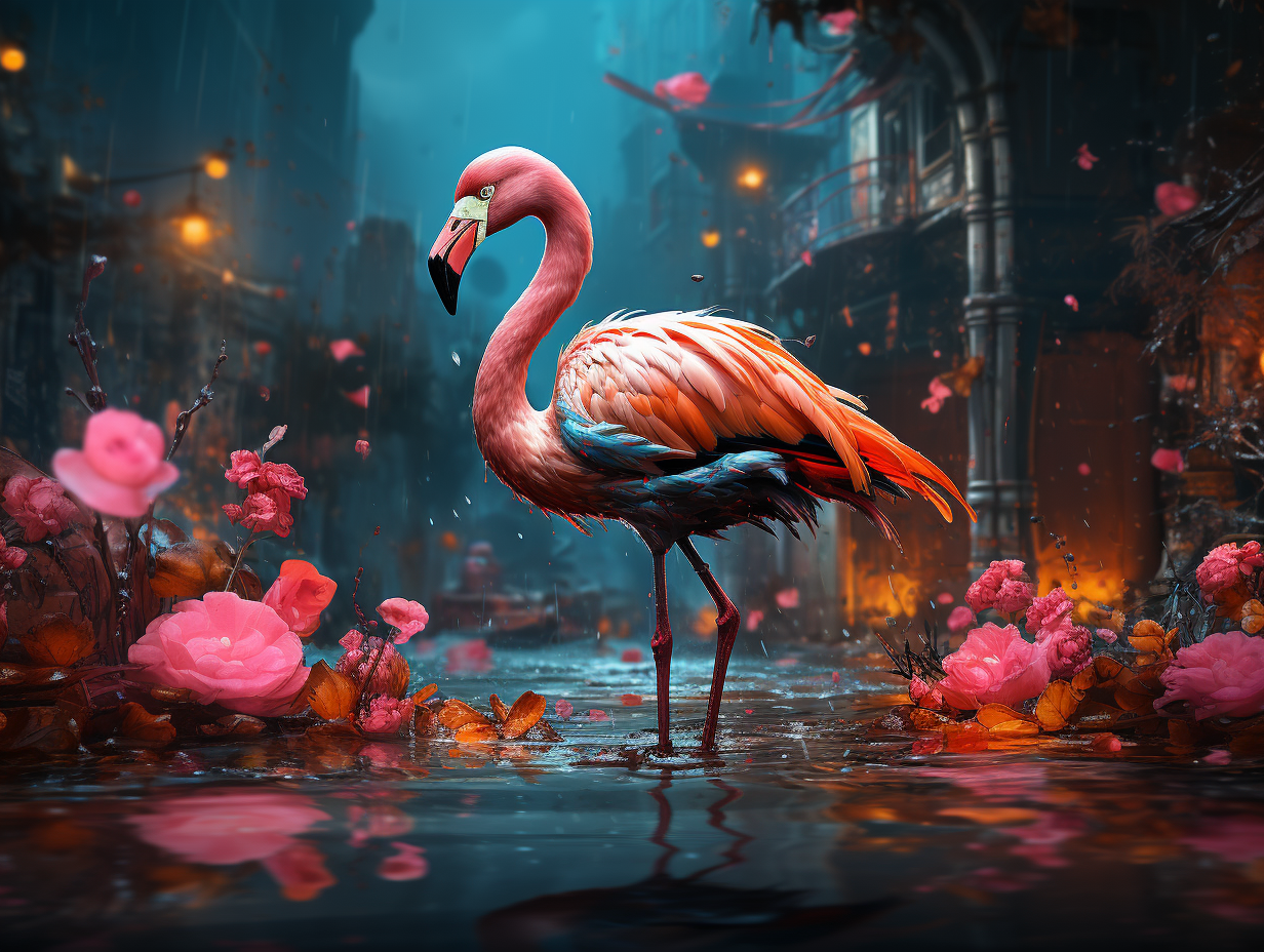 a colorful flamingo walking through muddy ground, in the style of colorful, eye-catching compositions, pink and aquamarine --s 750 --ar 4:3