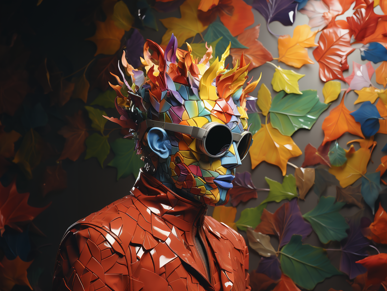 an aspiring man wearing rainbow colored shaped glass mask against a colorful background, in the style of album covers, medieval-inspired, chance, sharp/prickly, made of vines, trace monotone, poetcore