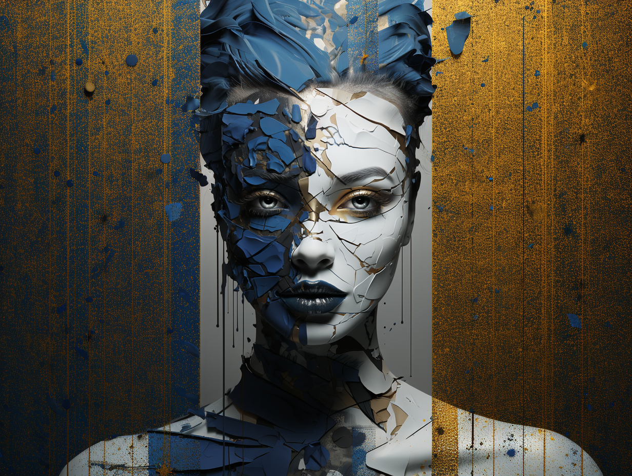 art illustration of a woman's face with a paper face and face in blue and white, in the style of album covers, durk and gritty, frostpunk, bold patterns and typography, angenieux 45-90mm f/2.8, ratcore, dark magenta and gray