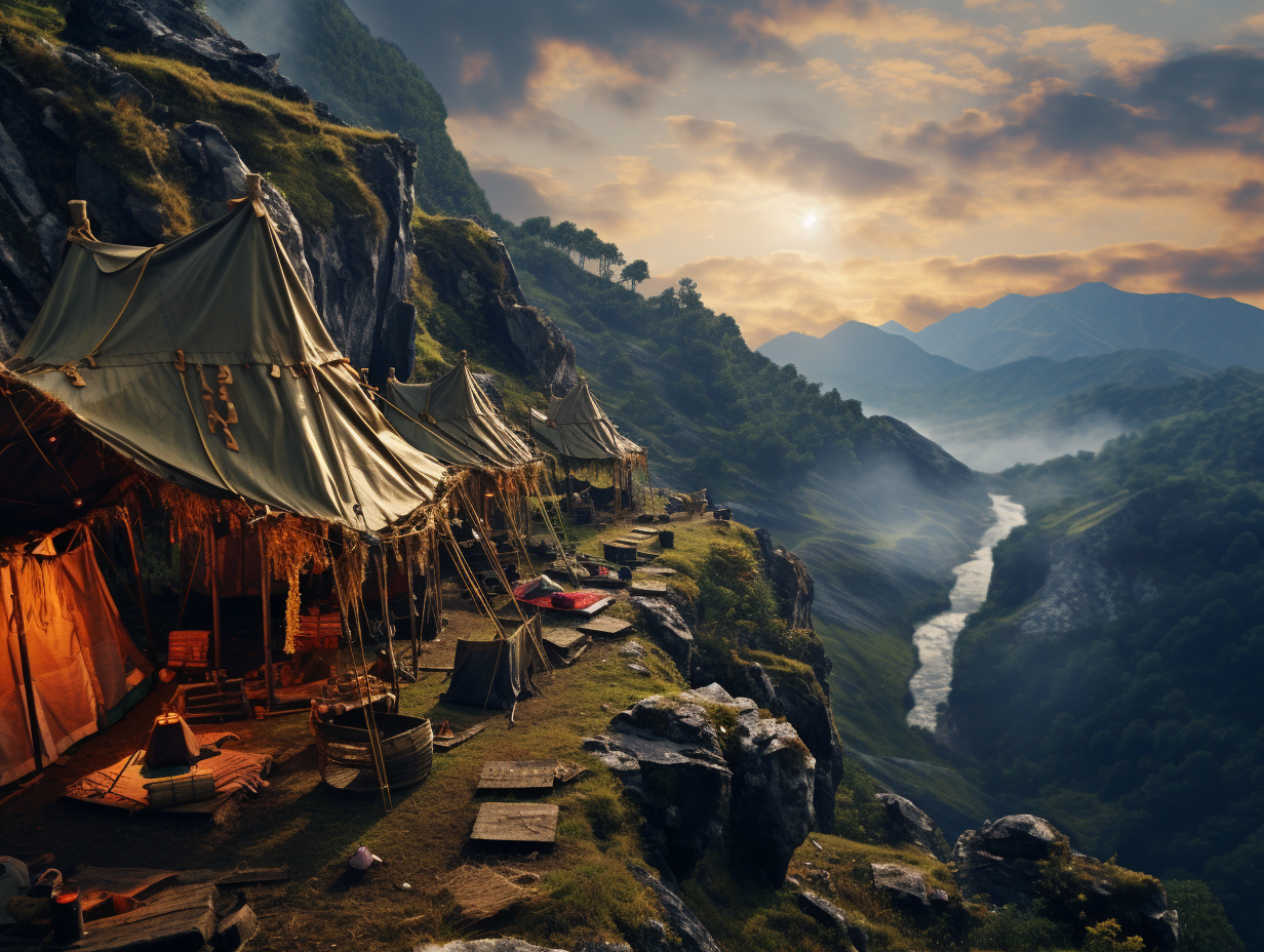 tents pitched on a cliff in the mountains, in the style of sumatraism, 8k resolution