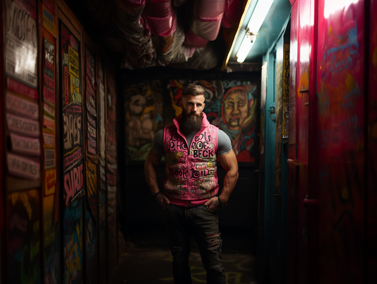 a man showing his muscles wearing a muscle vest, in the style of surreal kitsch, klaus pillon, thx sound, bold lettering, barthel bruyn the elder, emerald and crimson, karol bak