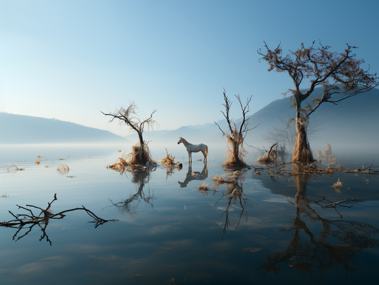 misty body of water, in the style of backlight, afro-colombian themes, chilling creatures, scarlett hooft graafland, wide angle lens, joong keun lee, animal figurines