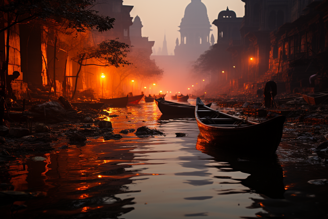 rowboats sitting on the water along a city, in the style of indian traditions, dusty piles, national geographic photo, david chipperfield, peter basch, orange and brown, focus on joints/connections
