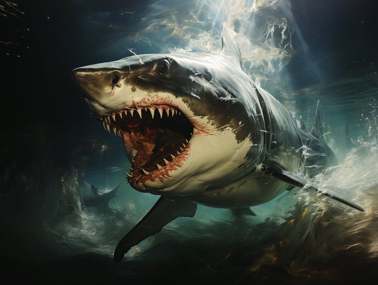 shark lights up in dark waters, in the style of ue5, even mehl amundsen, gustave buchet, rough clusters, navy and emerald, rim light, deep shadows