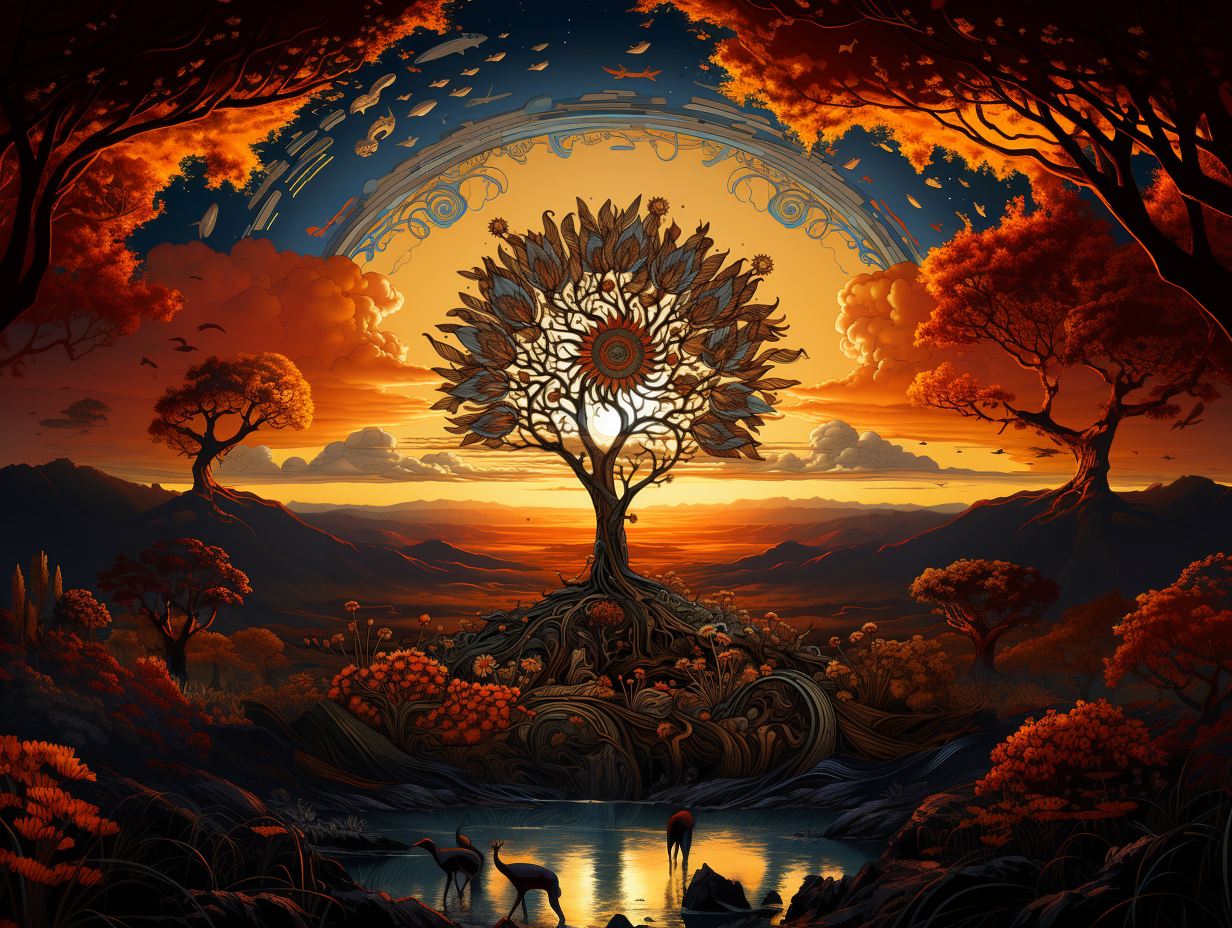a sunflower on top of a tree with a sunset as the background, brown, ndebele-inspired motifs, spectral, velvia, explosive wildlife, expansive