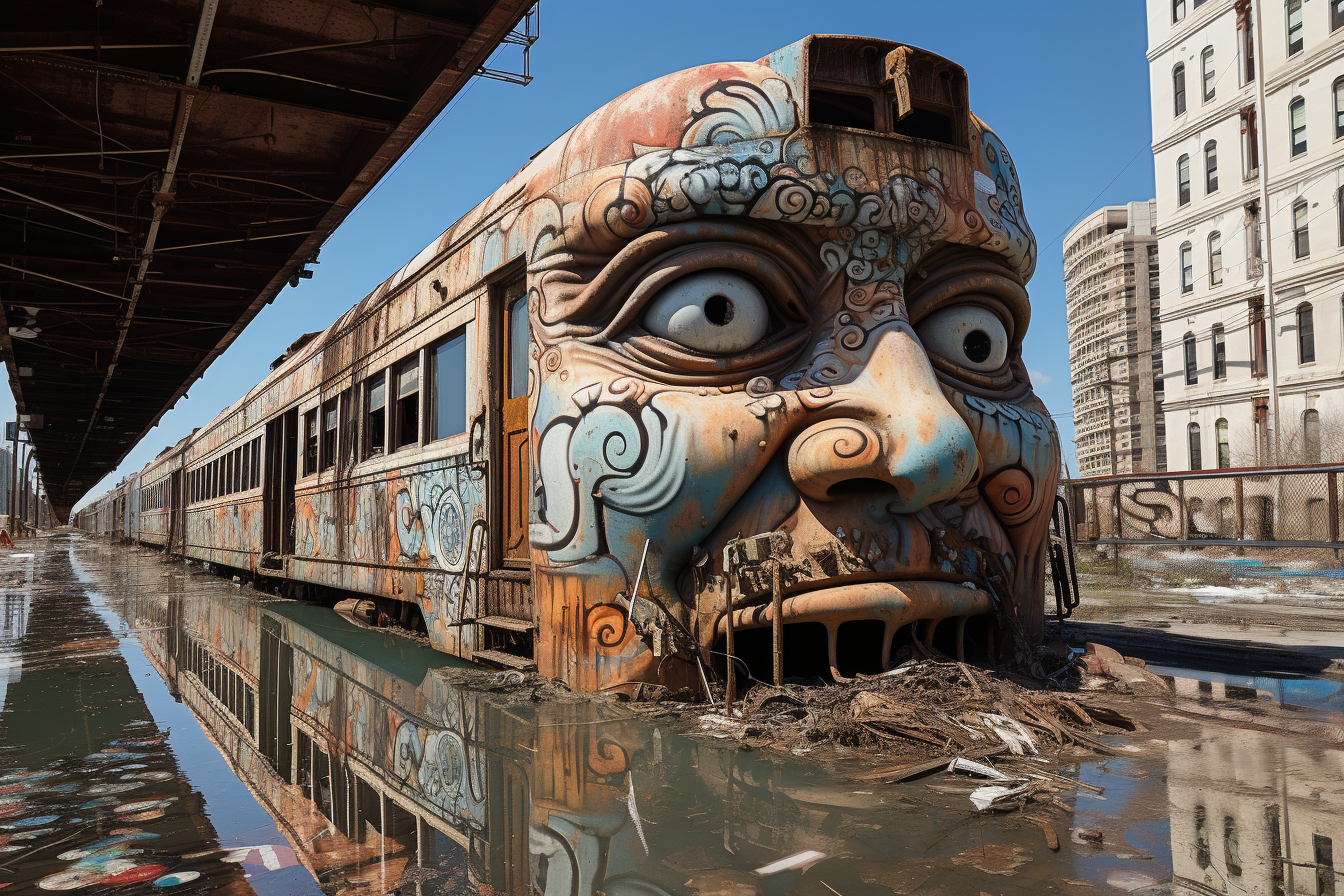 the train is above the floodwaters, in the style of subversive public art, photo taken with provia, scott rohlfs, nd stevenson, environmental activism, lively tableaus, extreme angle