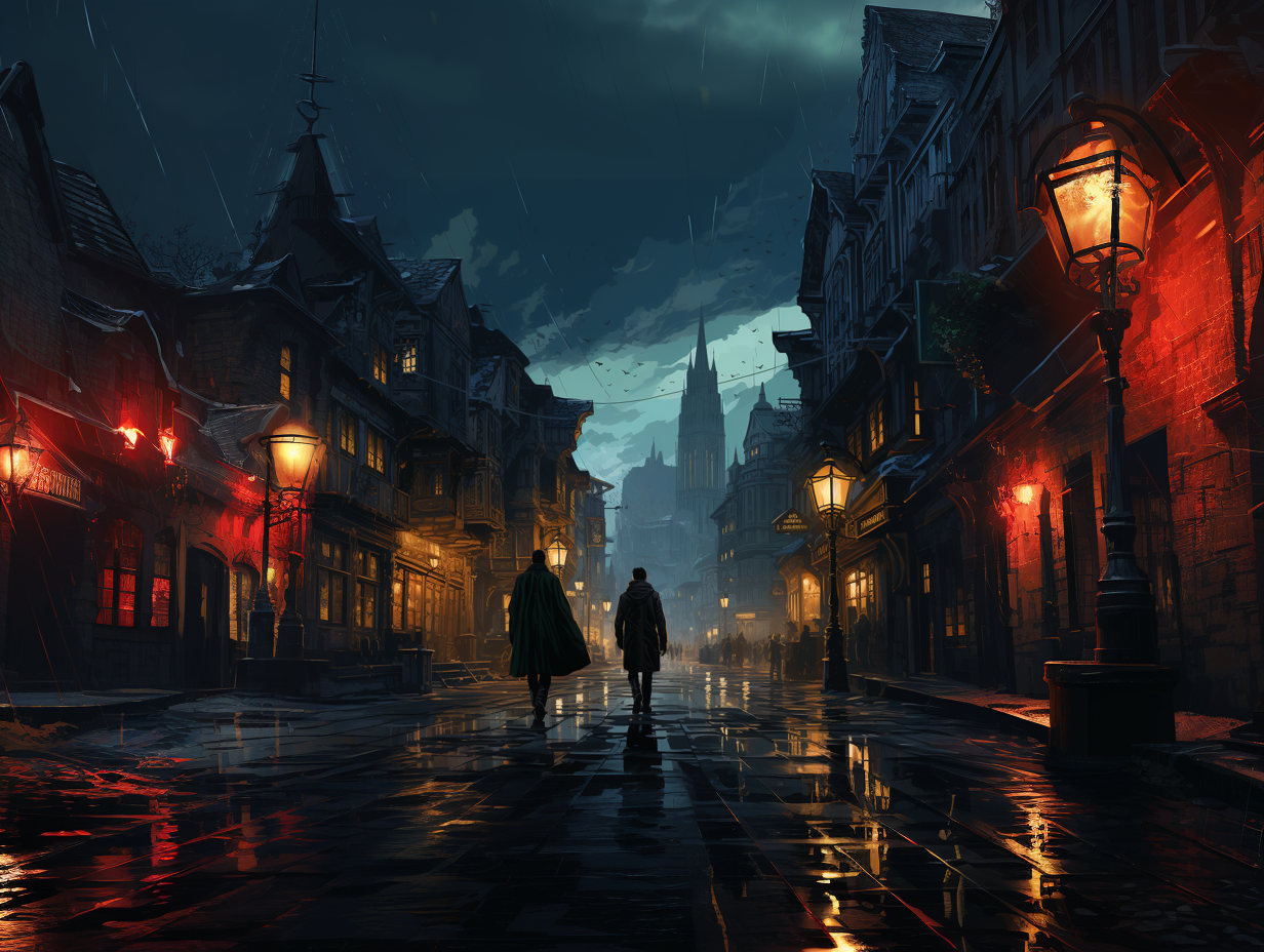 two men are walking near a street in a city, in the style of album covers, goblin academia, red mood lighting, dark cyan and light blue, british topographical, genepunk, transavanguardia