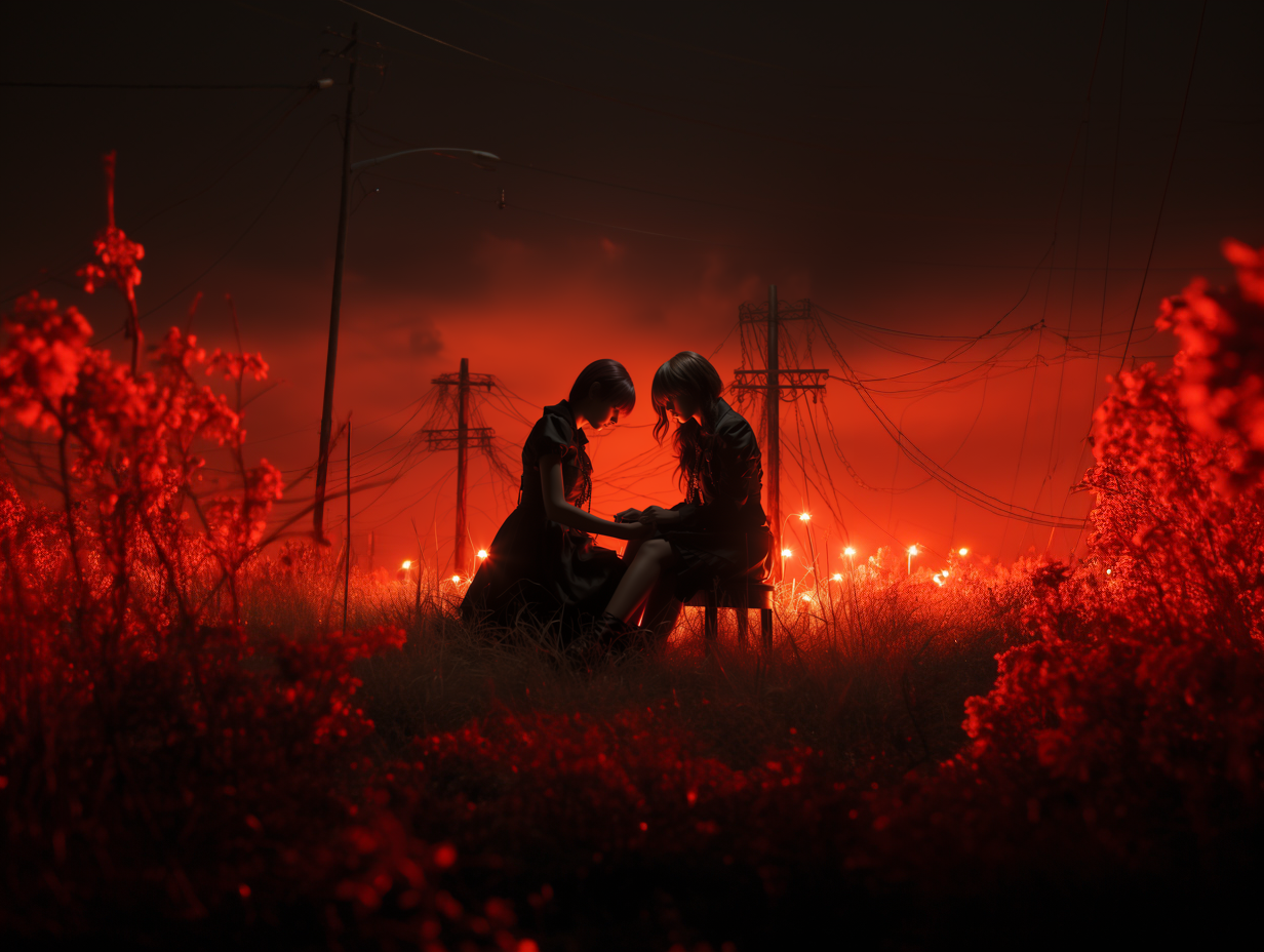 two women sitting in a field at night under a red neon light, in the style of hallyu, pastel gothic, dollcore, oshare kei, dark orange, celebrity photography, realistic portrayal of light and shadow