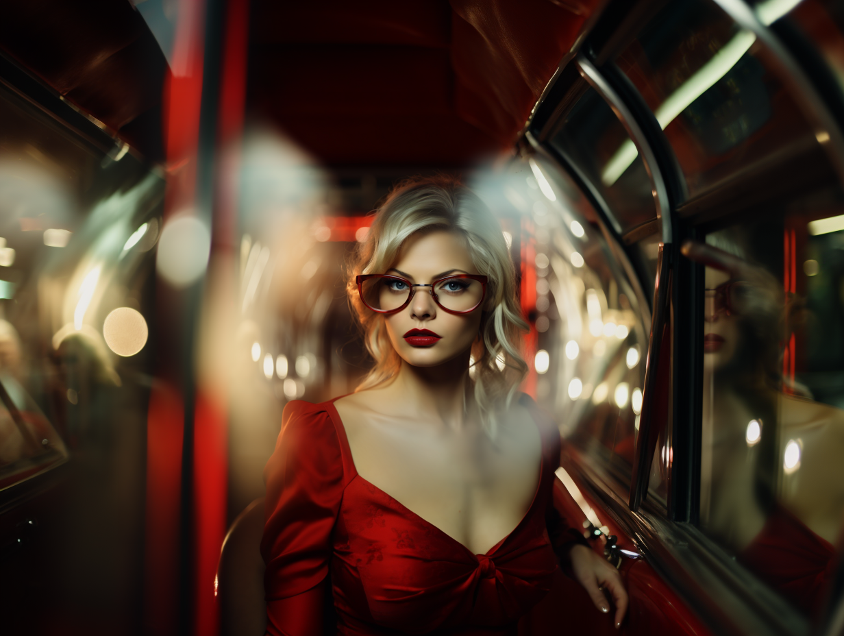 an attractive supermodel with blond hair and red glasses is staring at the camera, in the style of cinematic film stills, Bond girl, 2/3 shot, rangefinder lens, she has something to hide, international woman of mystery