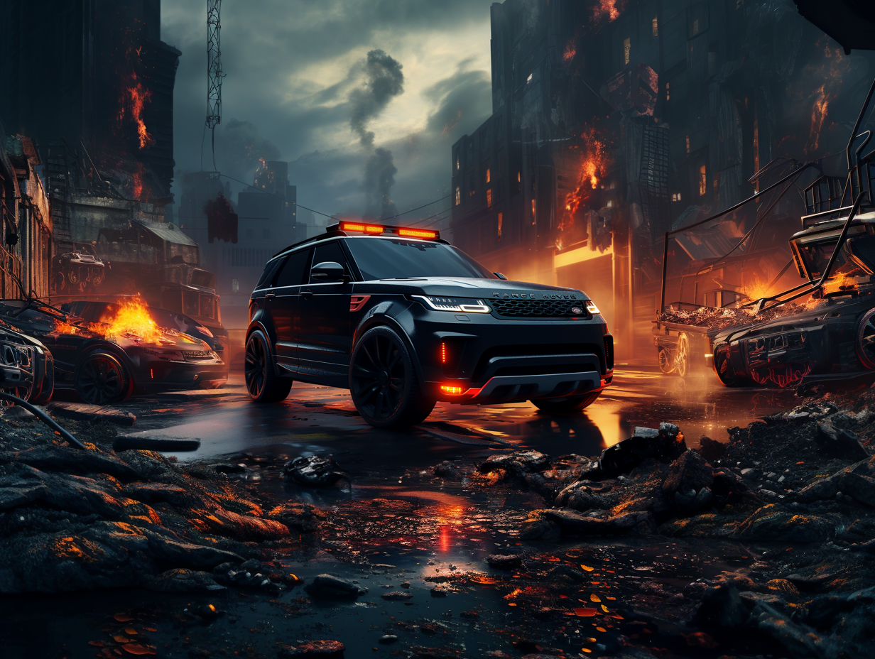 black rover dual black, in the style of nightscapes, official art, neon grids, immersive, cut/ripped, an apocalyptic wasteland, burning garbage, zombies, destroyed city, armageddon