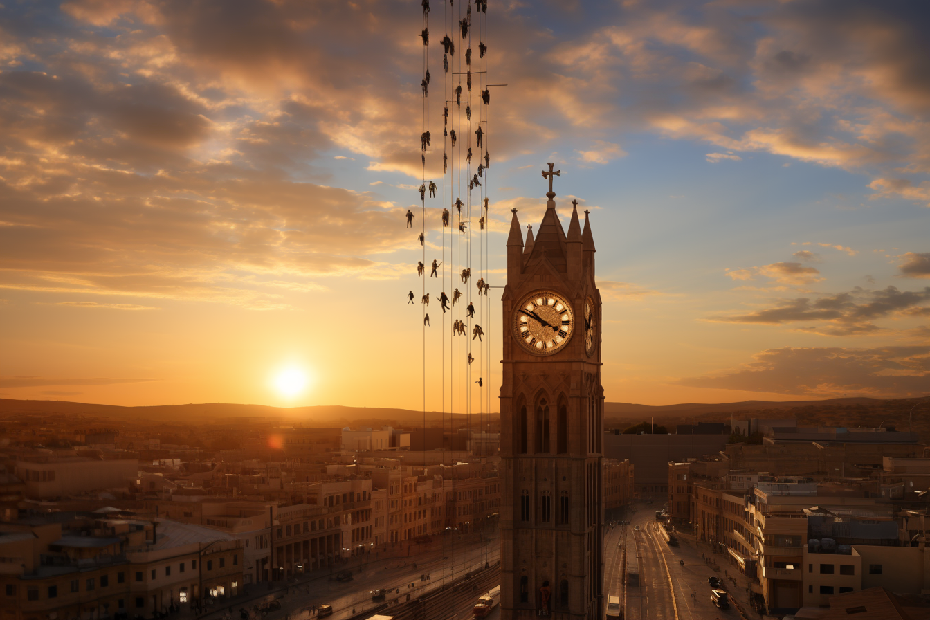 bodies hanging from vertical wires by a clock tower, in the style of phoenician art, luminism, light gold and indigo, antony gormley, religious iconography, marble, camera tossing