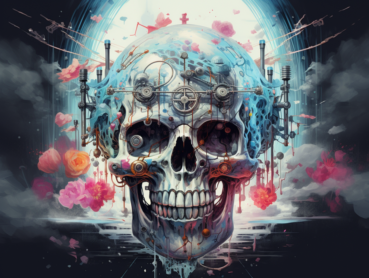 style control dub, symbolist, frostpunk, loose gestures, tachist, aquarellist, precise lines and contours,flashes of light, bursts of surreal colour, in the style of skull motifs and surreal naturalism