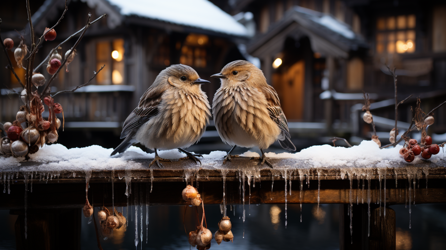 two birds sit on the walls of a house covered in snow, in the style of varying wood grains, webcam photography, mischievous feline motif, timber frame construction, symmetrical arrangement, whistlerian, melting pots