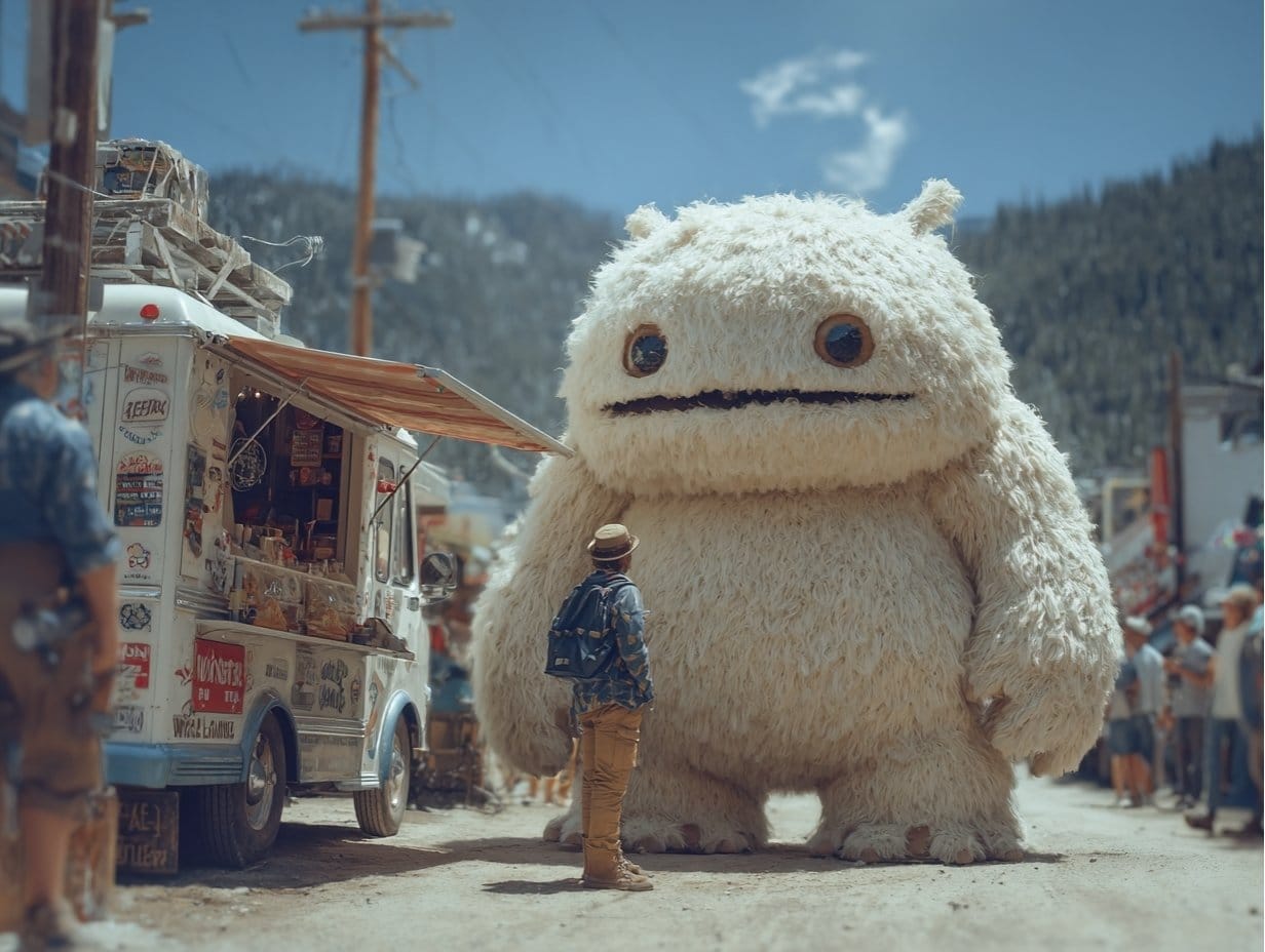 large, fluffy white monster with big eyes and a small mouth standing on a dirt road, looking at a person with a backpack. To the left is a vintage-style food truck, and in the background, there are mountains and other people.