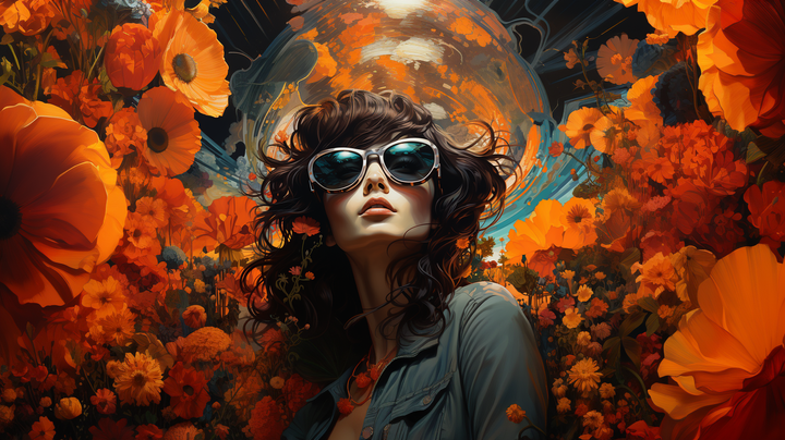 woman in sunglasses, deep oranges, moon phases